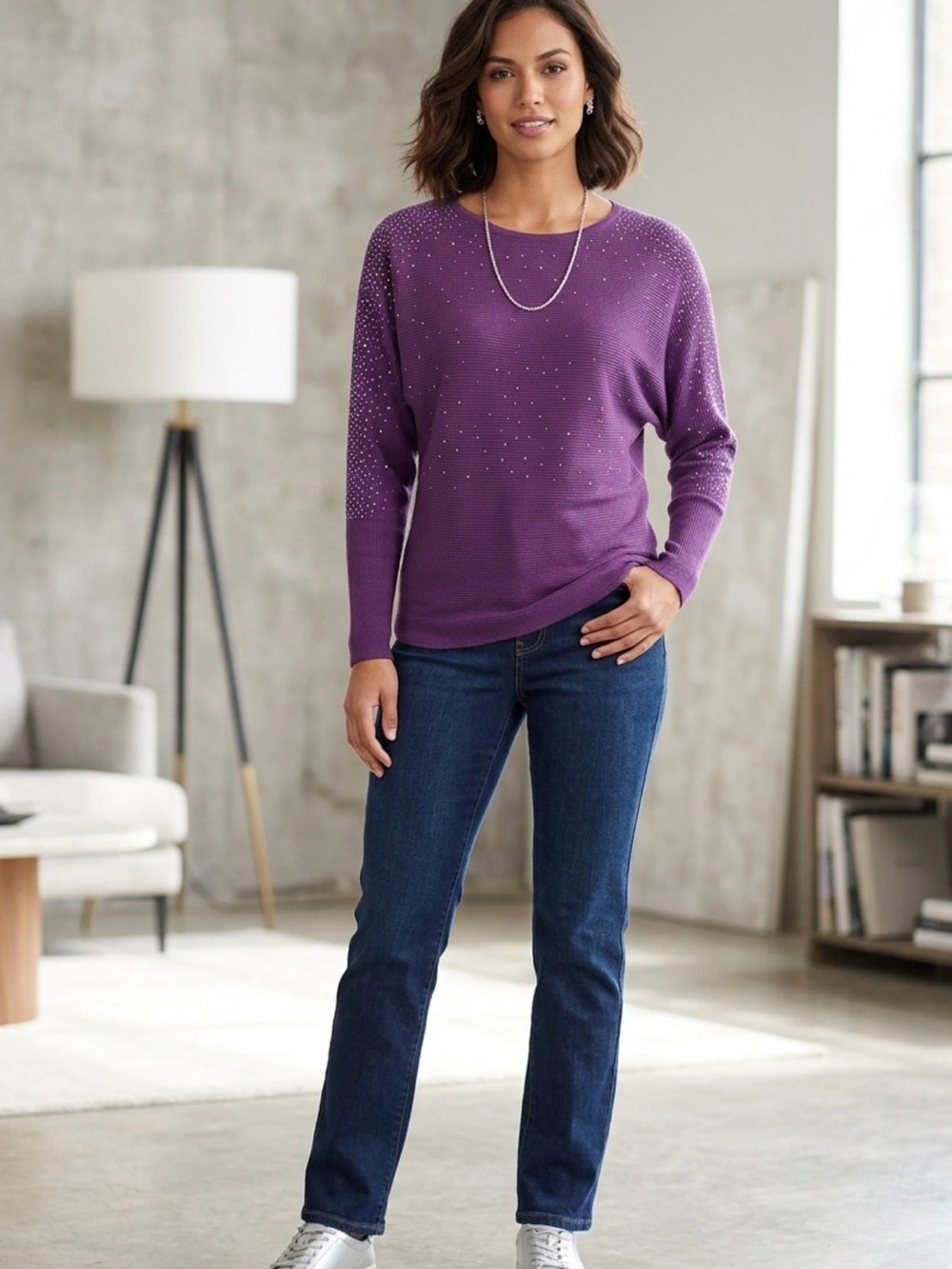 New Berkley Jensen Purple Rhinestone Dolman Sweater size S NWT